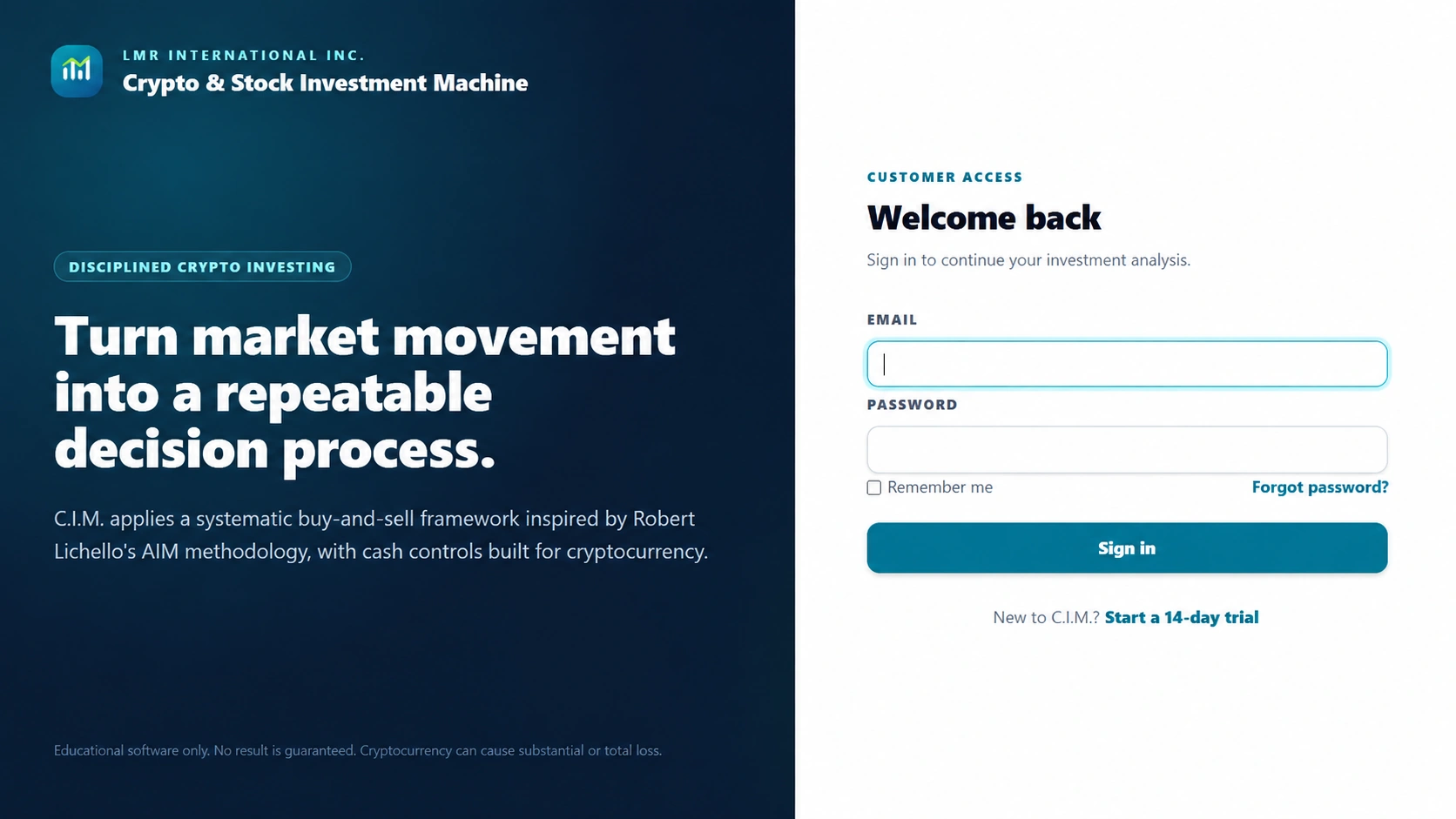 Crypto & Stock Investment Machine customer sign-in screen for account-based online access